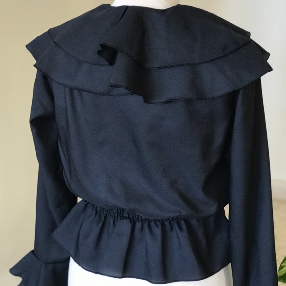 1970s Vintage Black Ruffle Button Down Blouse - Picture 4 of 8